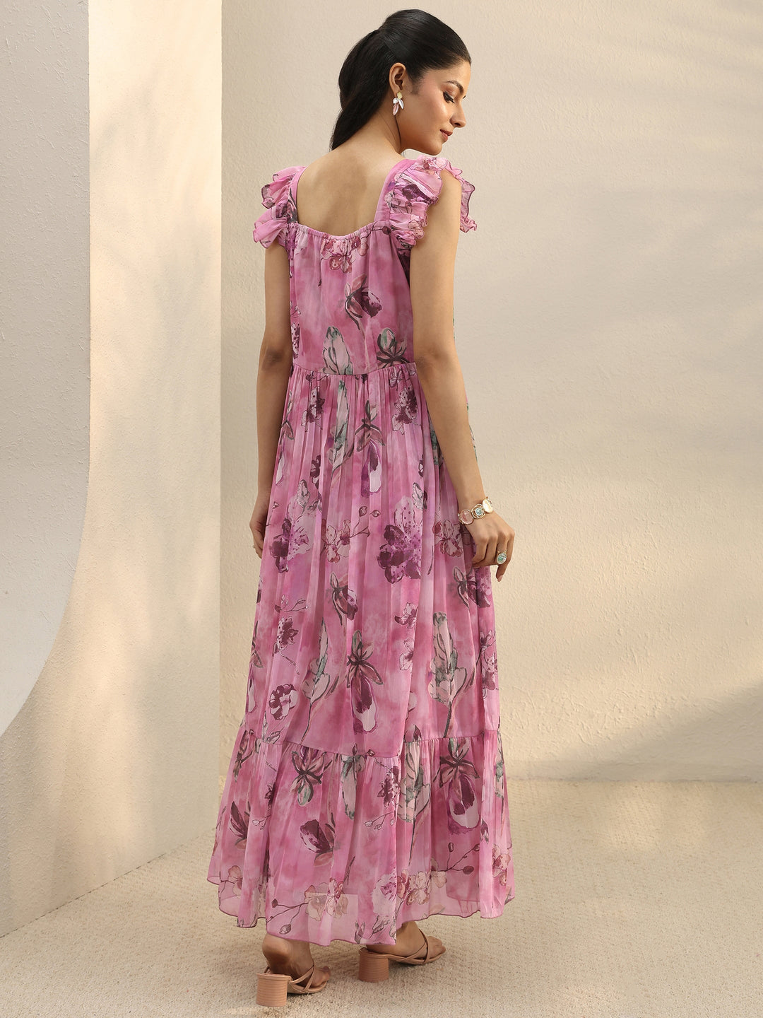 Pink Floral Printed Chiffon Ruffle Sleeve Drop Waist Dress