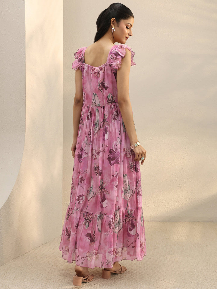 Pink Floral Printed Chiffon Ruffle Sleeve Drop Waist Dress