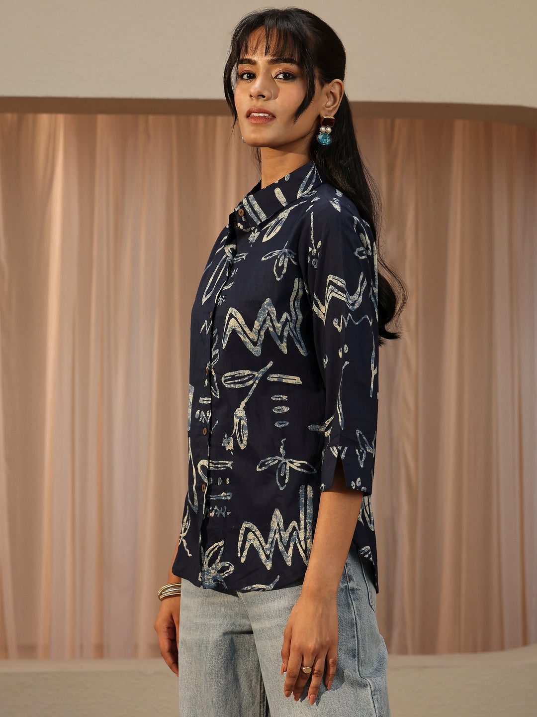 Navy Blue Abstract Printed Cotton Shirt