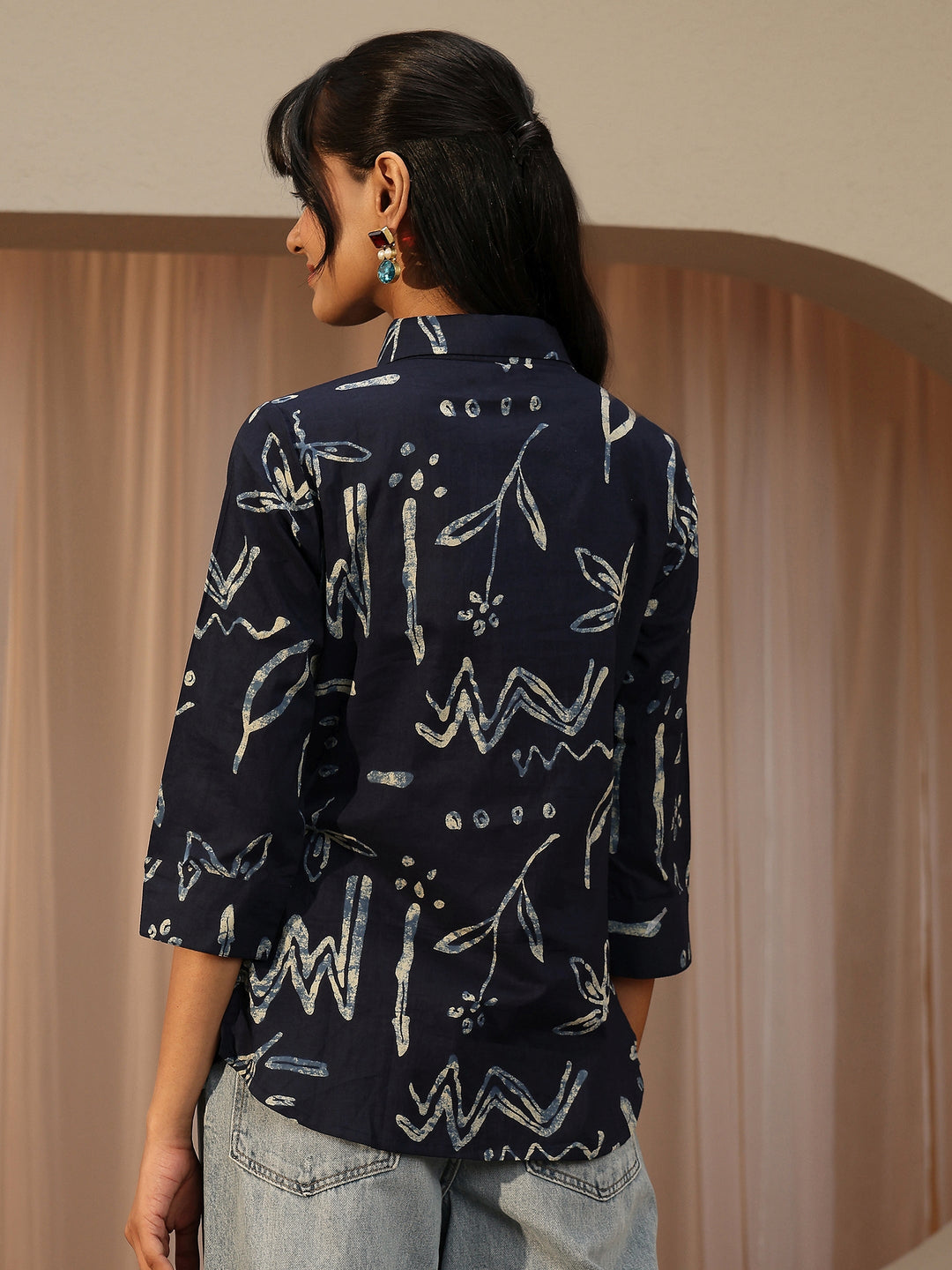 Navy Blue Abstract Printed Cotton Shirt