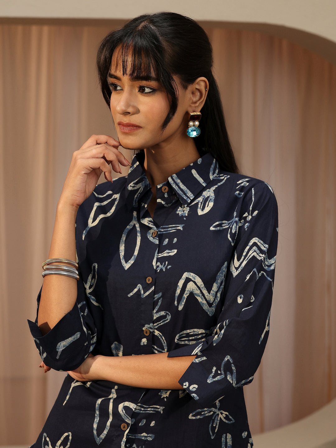 Navy Blue Abstract Printed Cotton Shirt