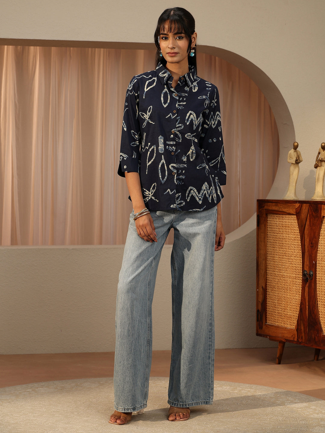 Navy Blue Abstract Printed Cotton Shirt