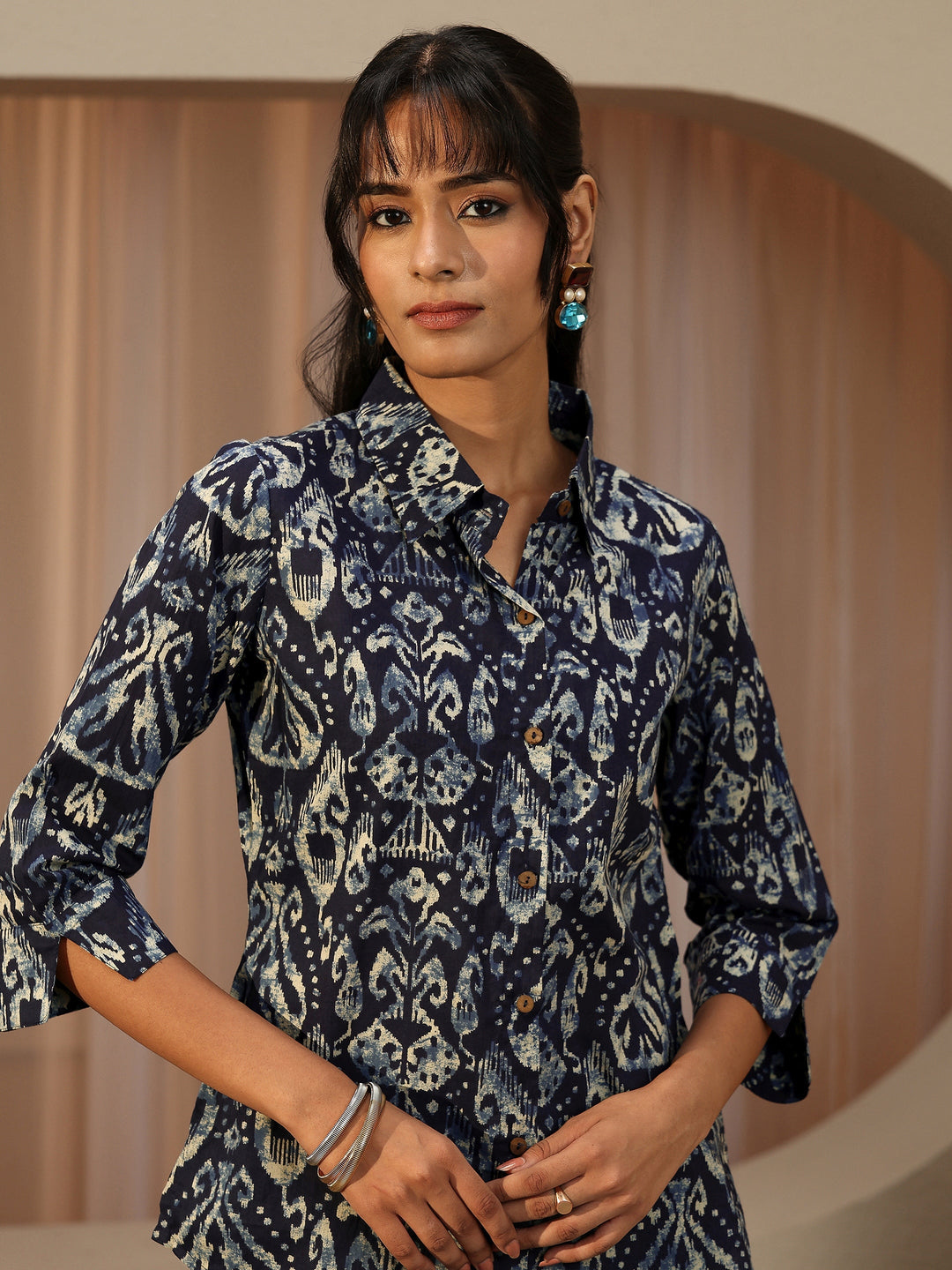 Navy Blue Ethnic Printed Cotton Shirt
