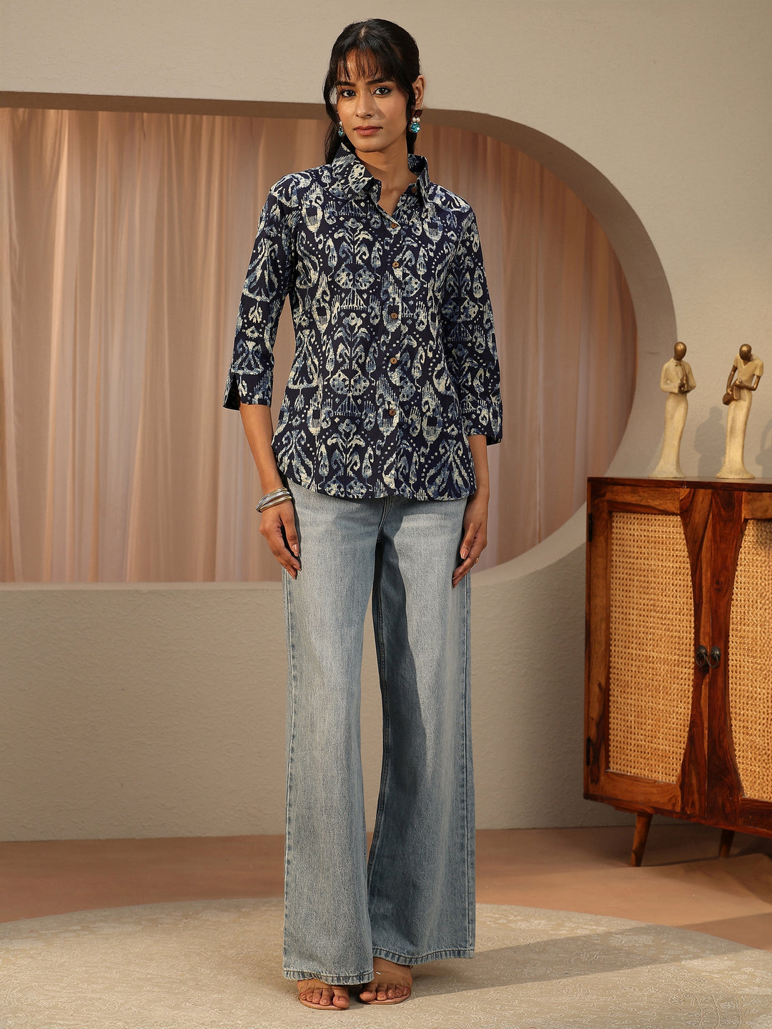 Navy Blue Ethnic Printed Cotton Shirt