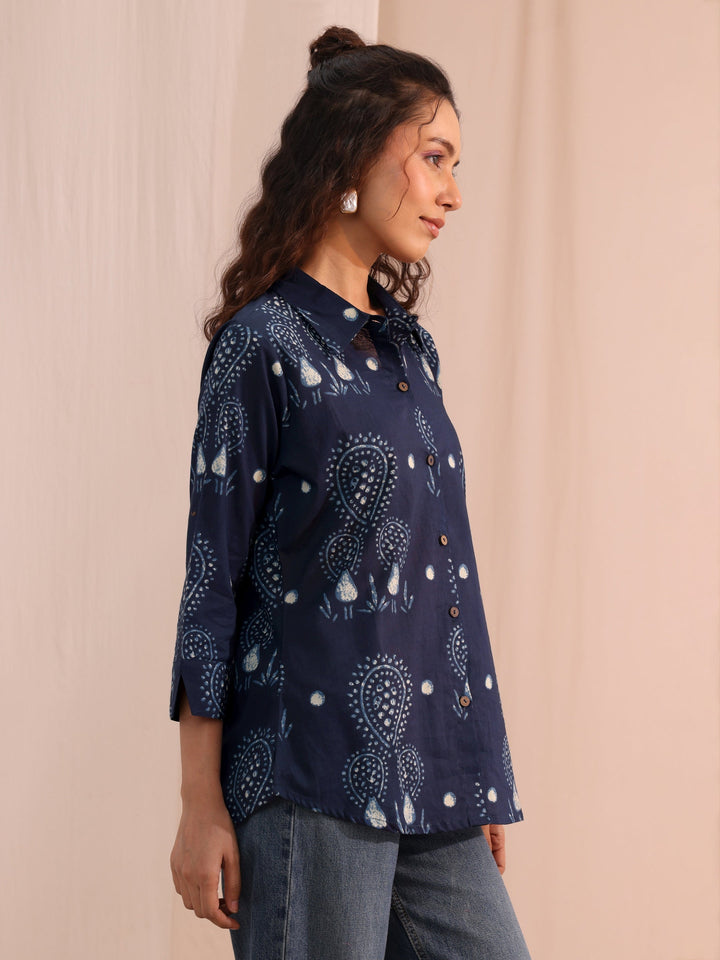 Libas Navy Blue Ethnic Printed Cotton Shirt
