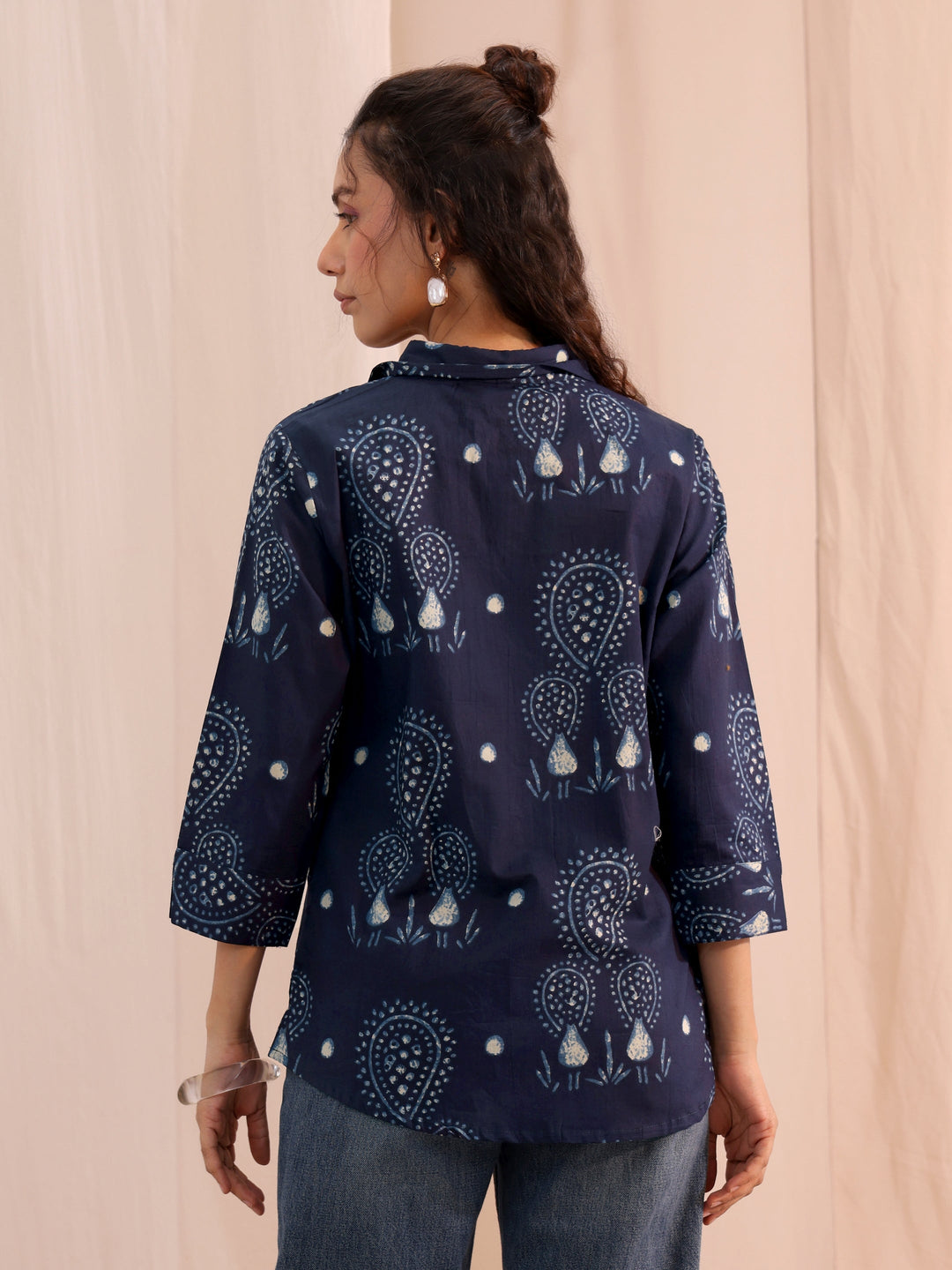 Libas Navy Blue Ethnic Printed Cotton Shirt