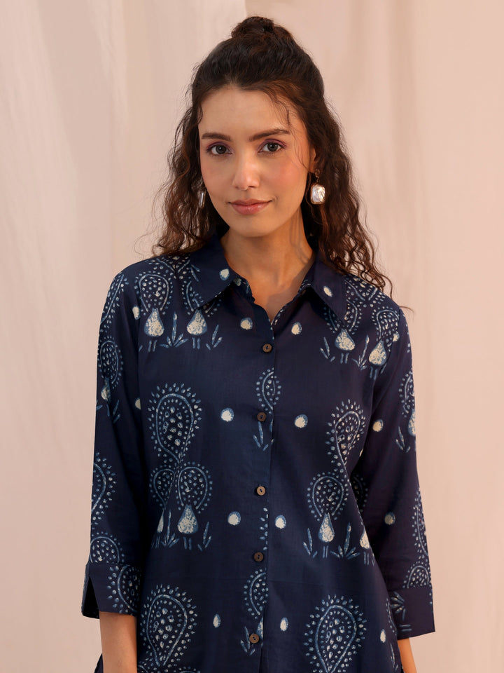 Libas Navy Blue Ethnic Printed Cotton Shirt