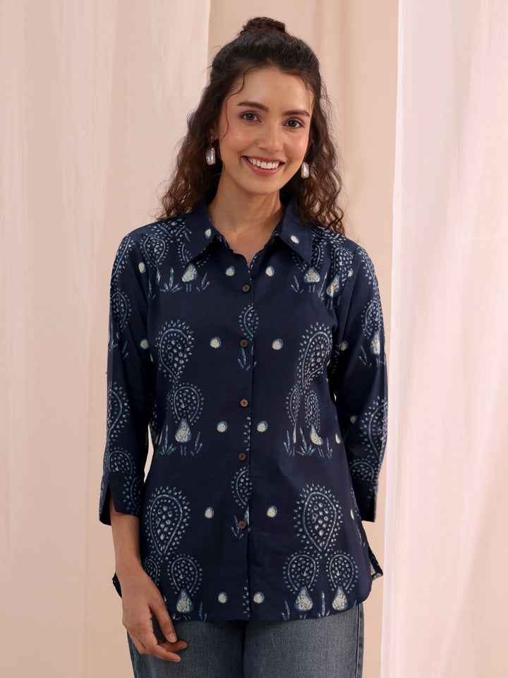 Libas Navy Blue Ethnic Printed Cotton Shirt