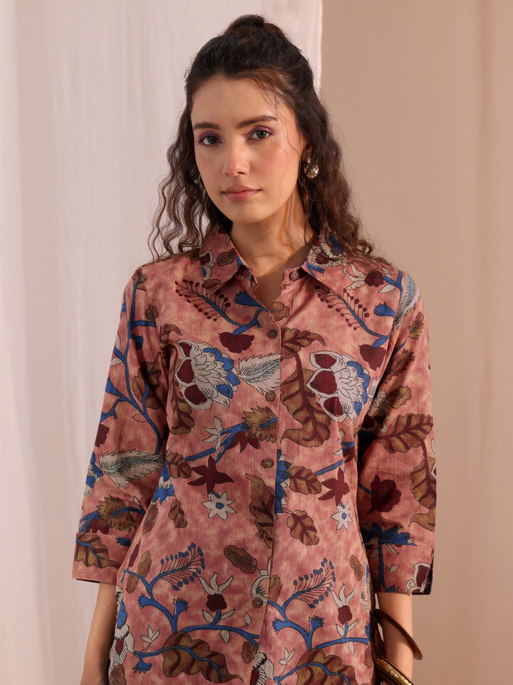 Libas Peach Floral Printed Cotton Shirt