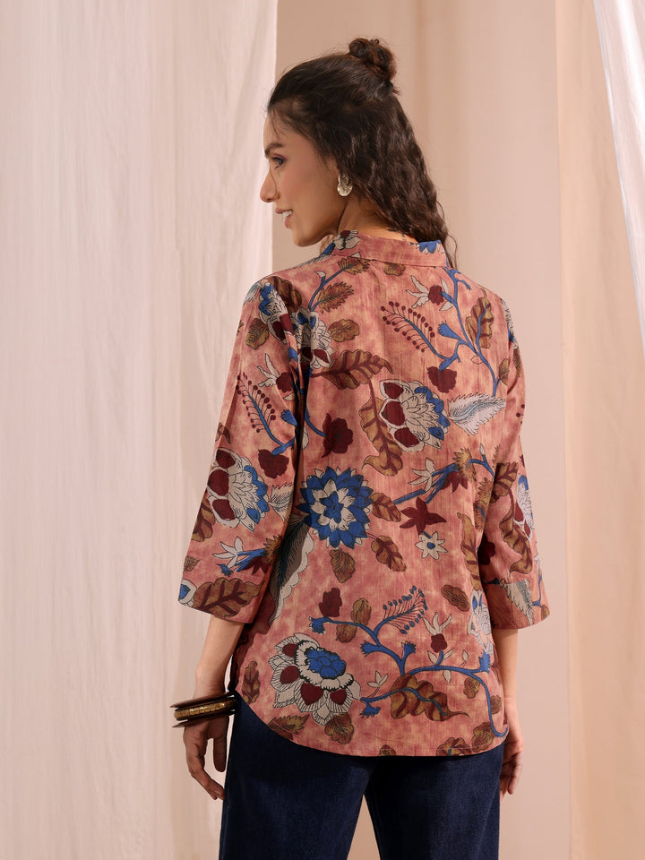 Libas Peach Floral Printed Cotton Shirt