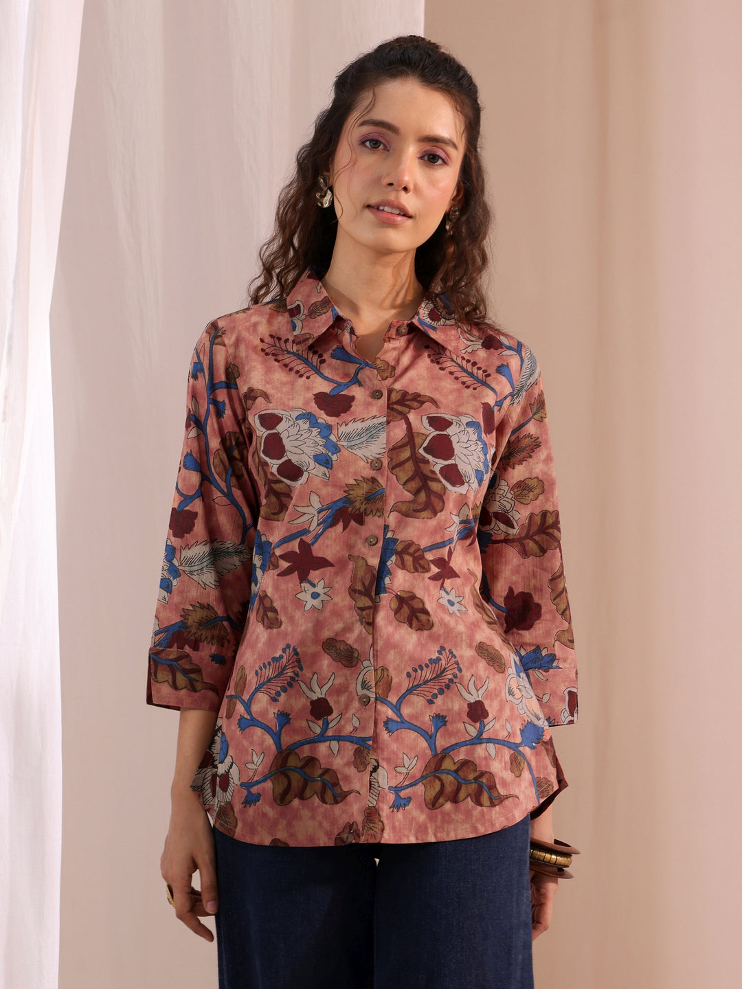 Libas Peach Floral Printed Cotton Shirt