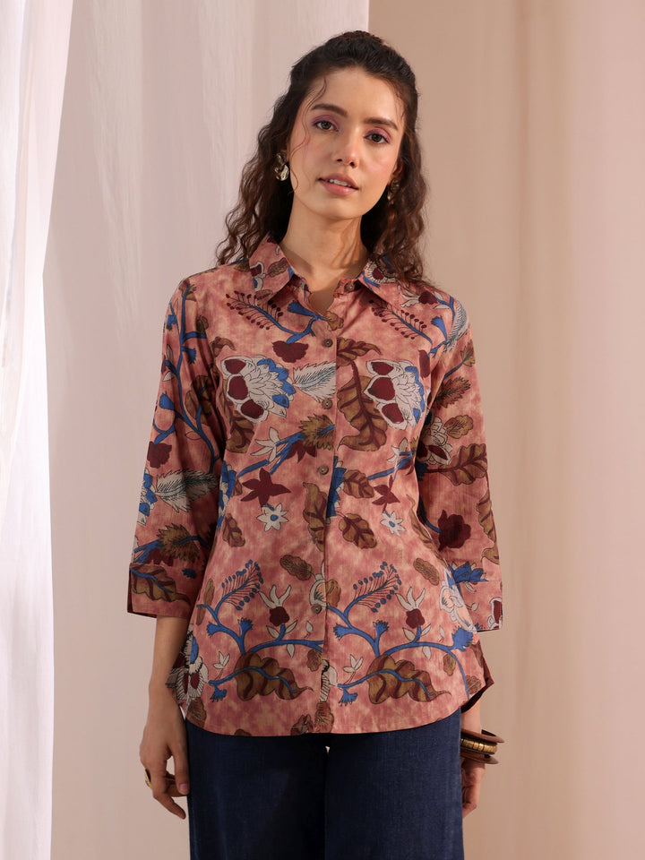 Libas Peach Floral Printed Cotton Shirt