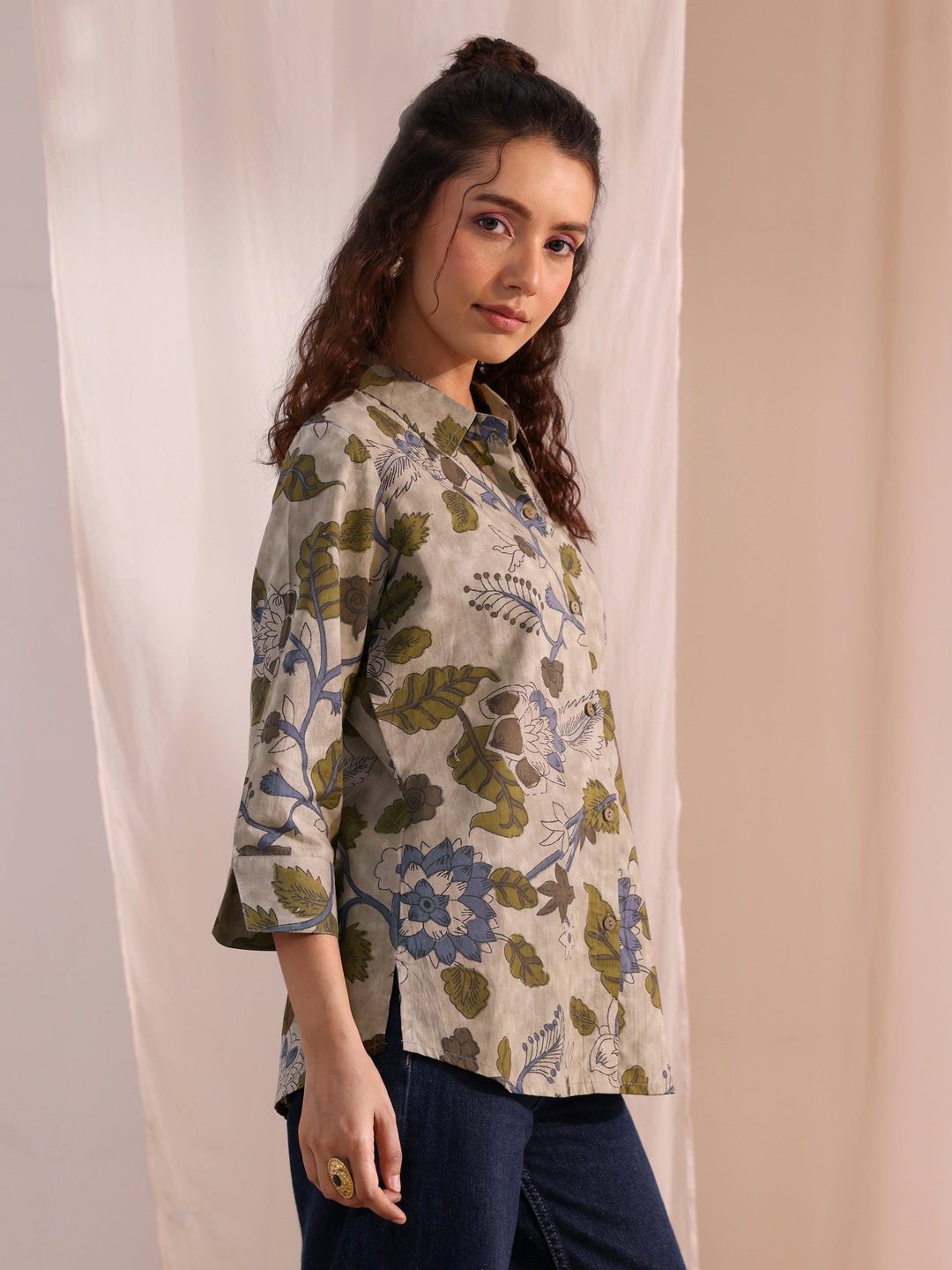 Libas Green Floral Printed Cotton Shirt
