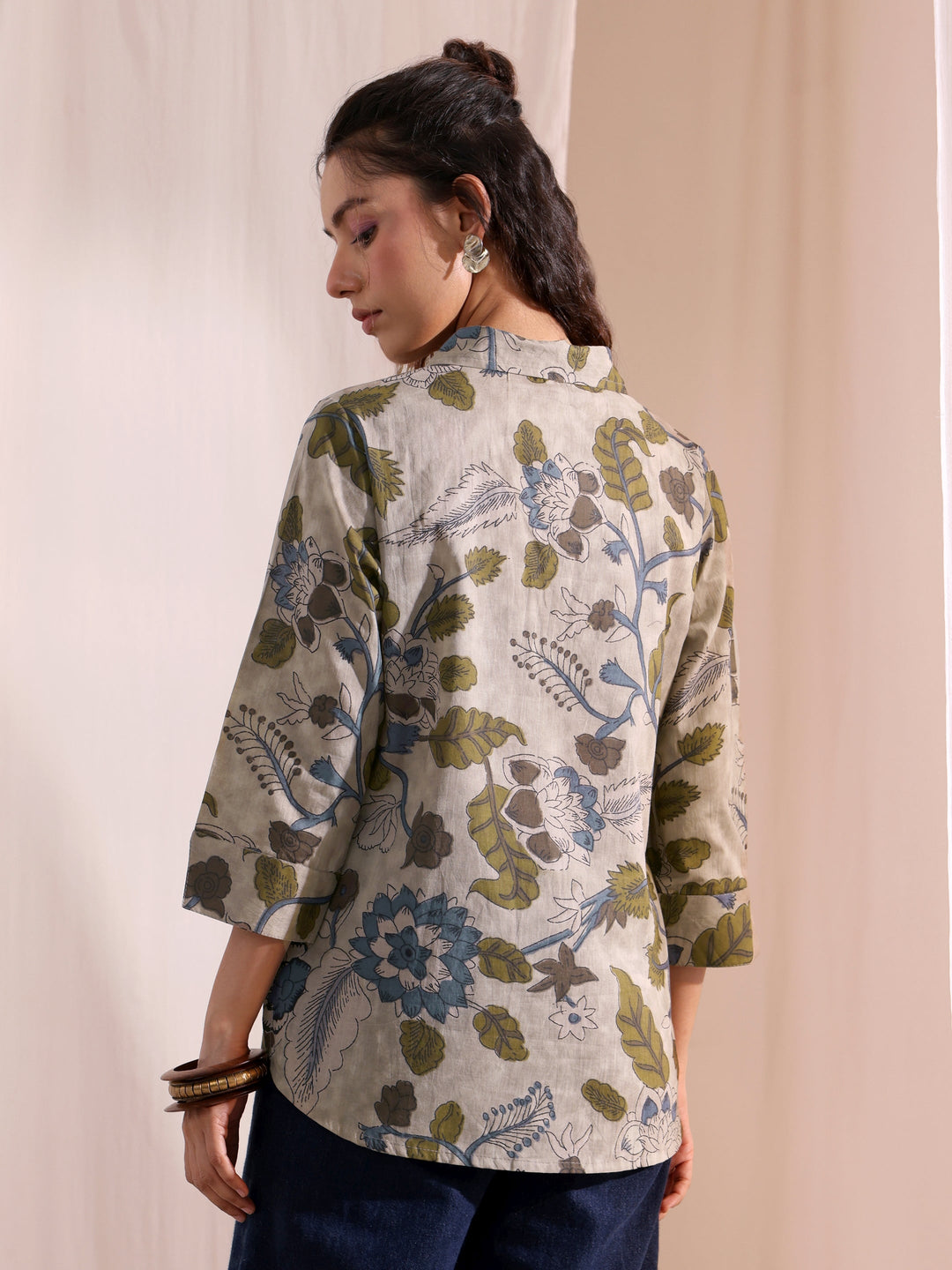 Libas Green Floral Printed Cotton Shirt
