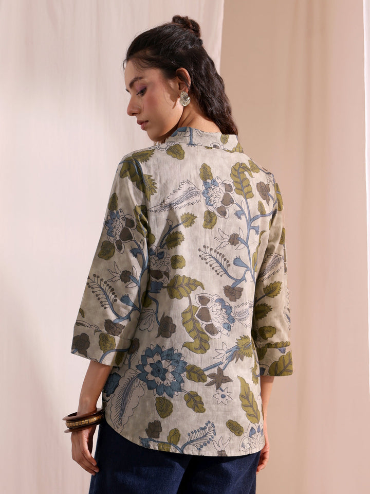 Libas Green Floral Printed Cotton Shirt