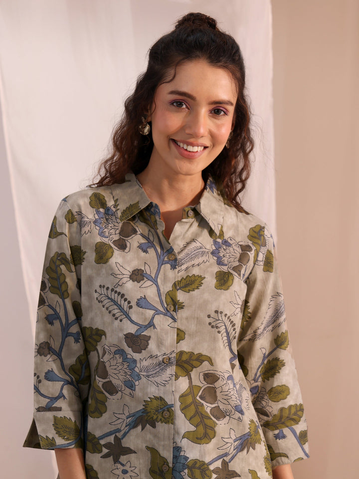 Libas Green Floral Printed Cotton Shirt