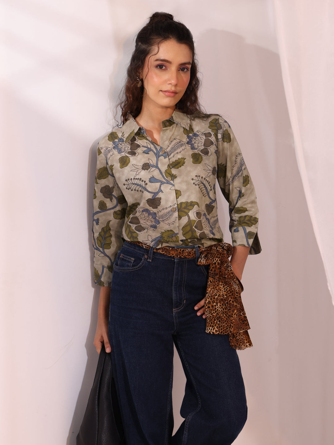 Libas Green Floral Printed Cotton Shirt