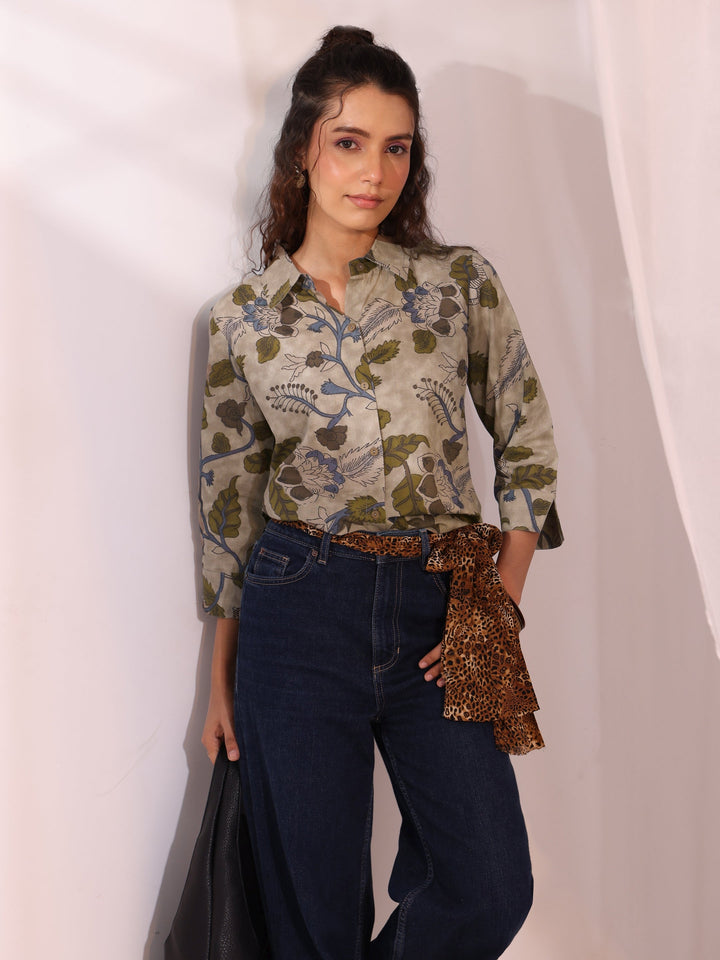 Libas Green Floral Printed Cotton Shirt