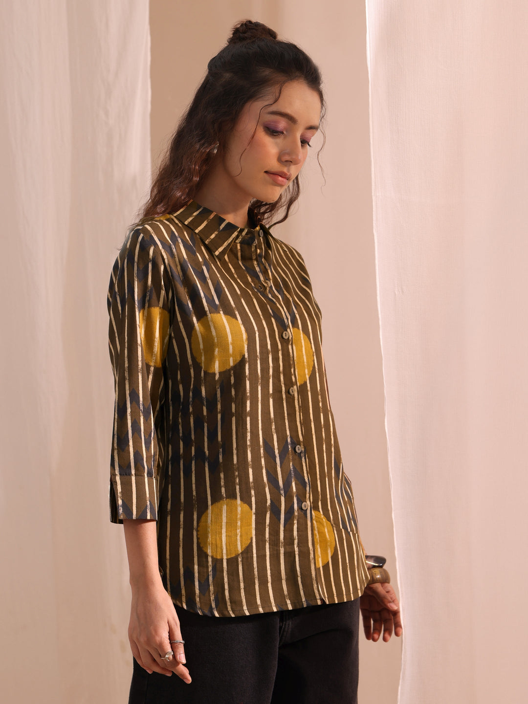 Libas Brown Striped Printed Cotton Shirt