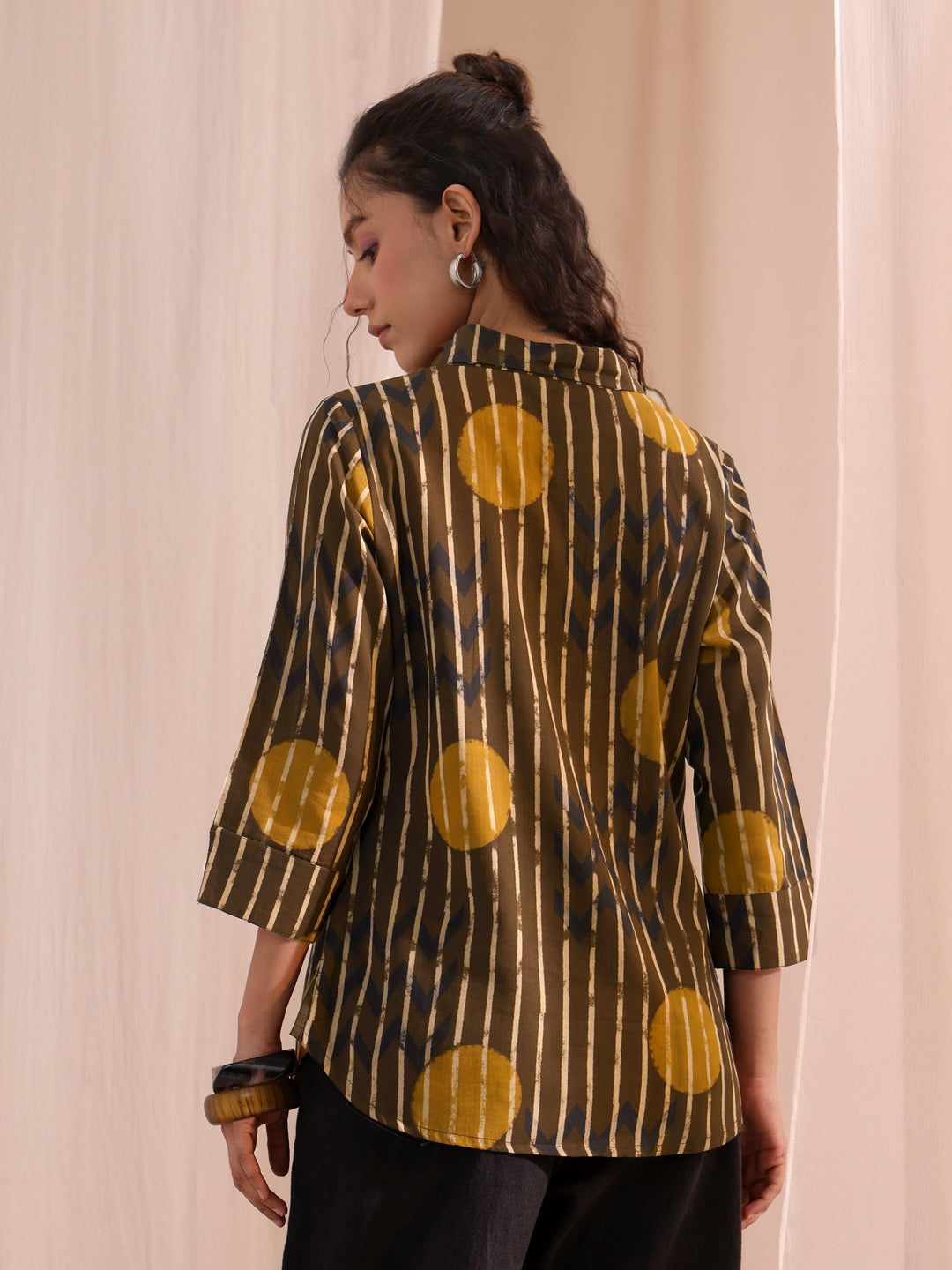 Libas Brown Striped Printed Cotton Shirt
