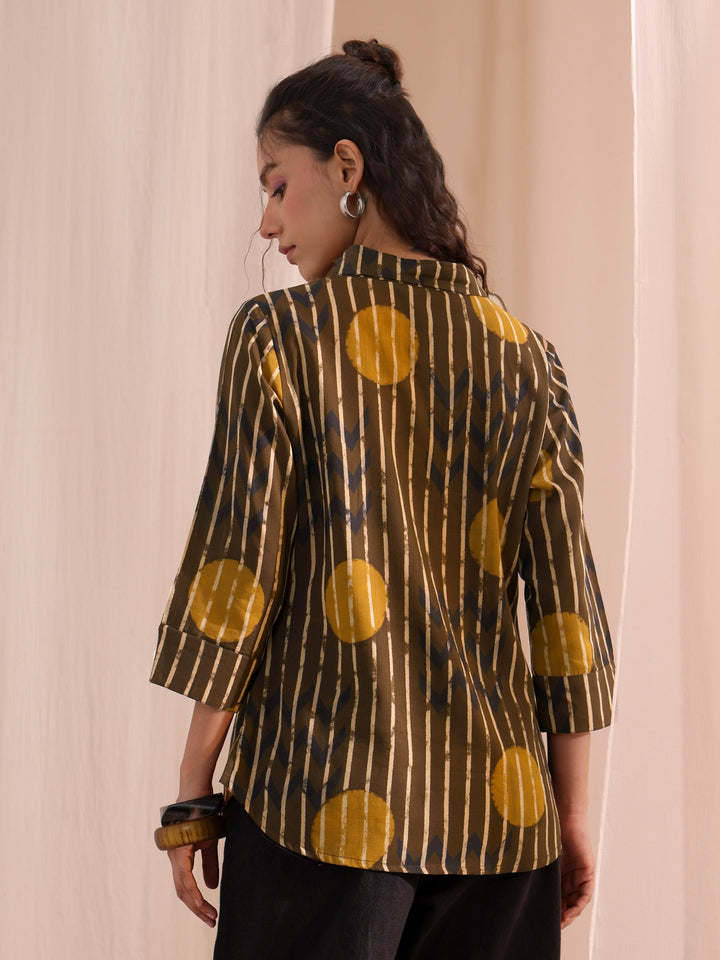 Libas Brown Striped Printed Cotton Shirt