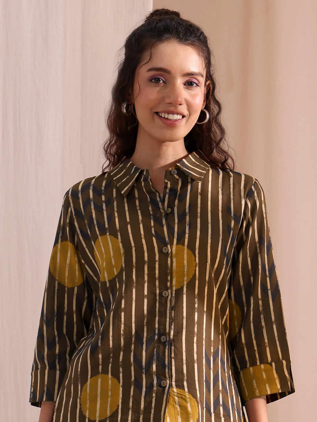 Libas Brown Striped Printed Cotton Shirt