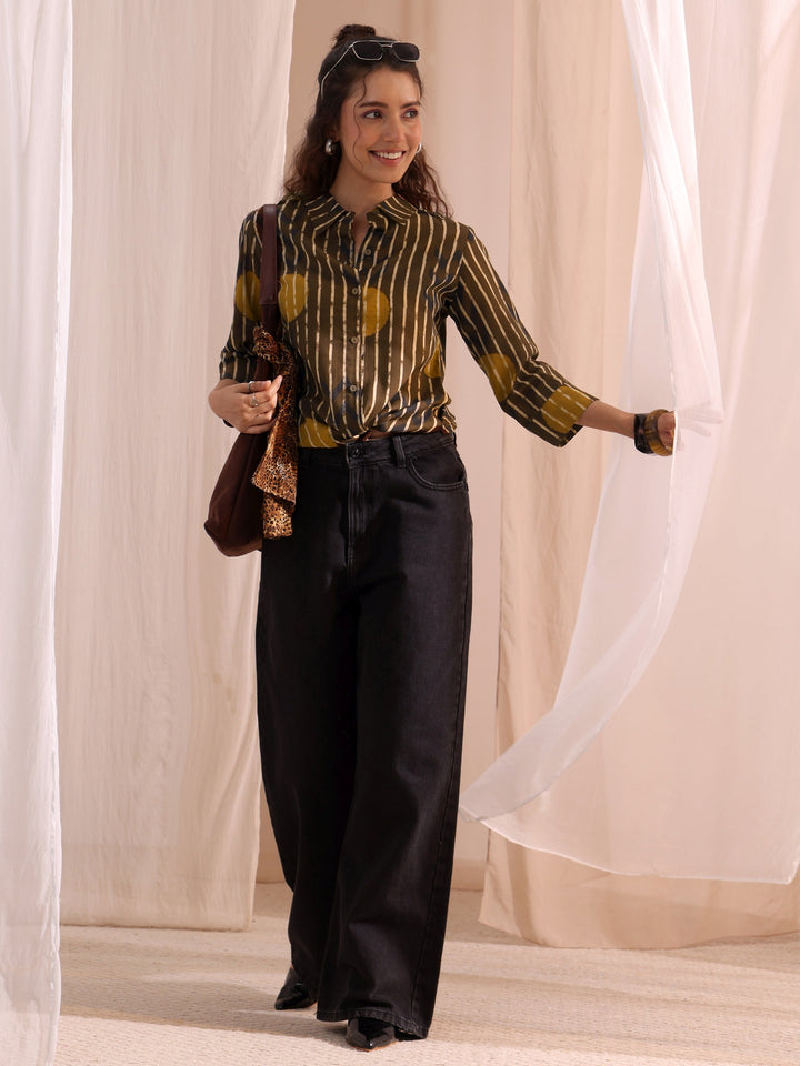Libas Brown Striped Printed Cotton Shirt