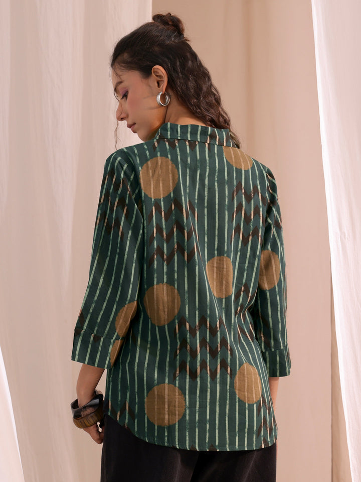Libas Bottle Green Striped Printed Cotton Shirt