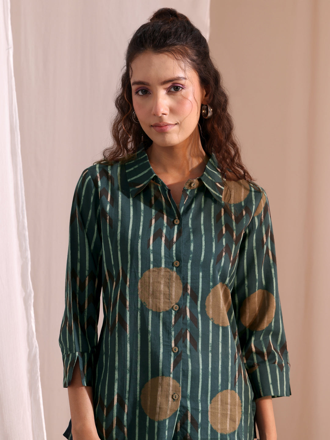 Libas Bottle Green Striped Printed Cotton Shirt