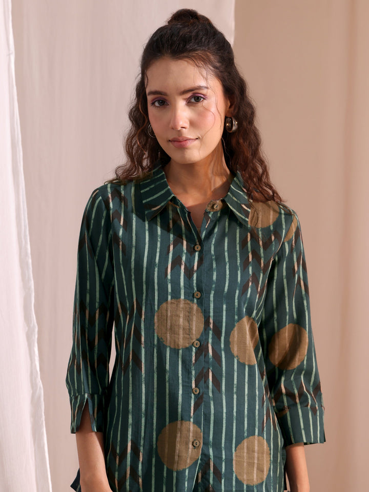 Libas Bottle Green Striped Printed Cotton Shirt