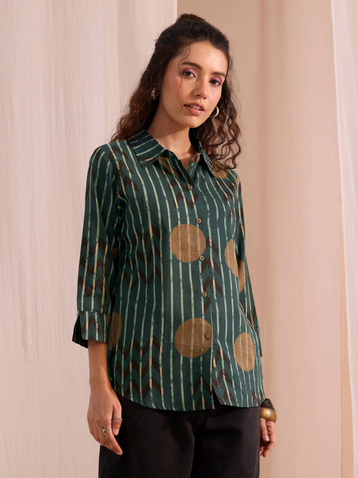 Libas Bottle Green Striped Printed Cotton Shirt