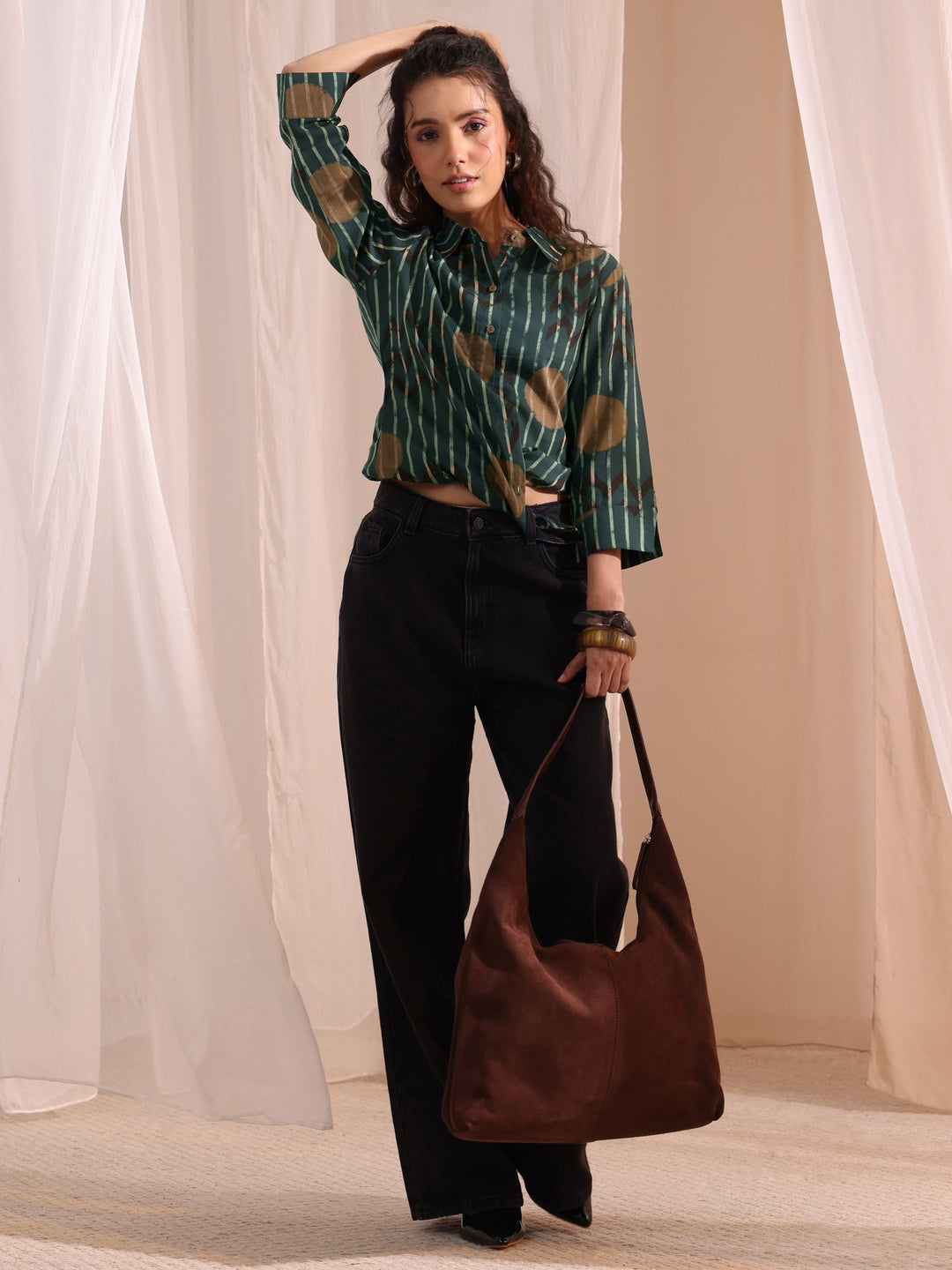 Libas Bottle Green Striped Printed Cotton Shirt