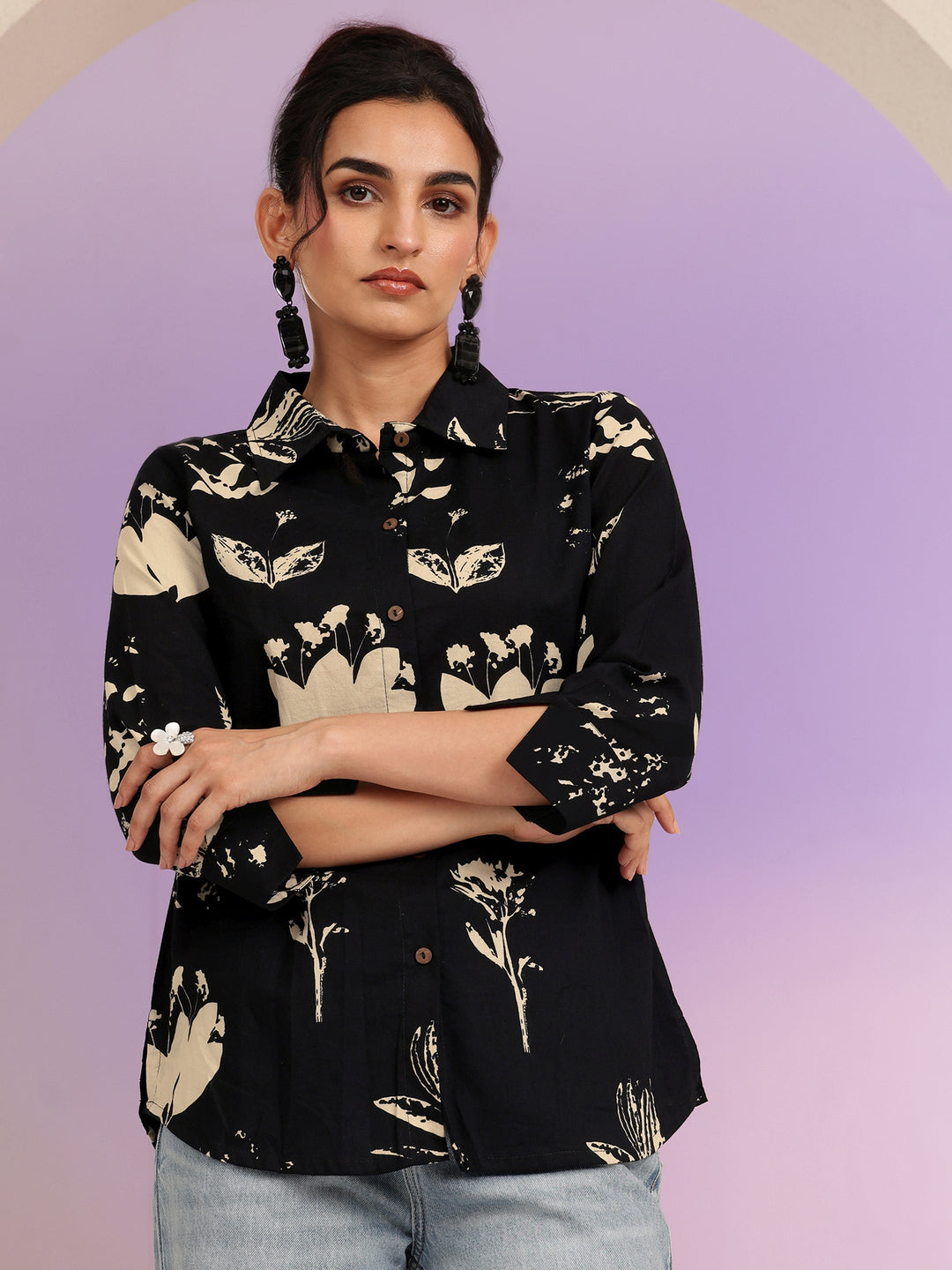 Libas Black Floral Print Cotton Shirt