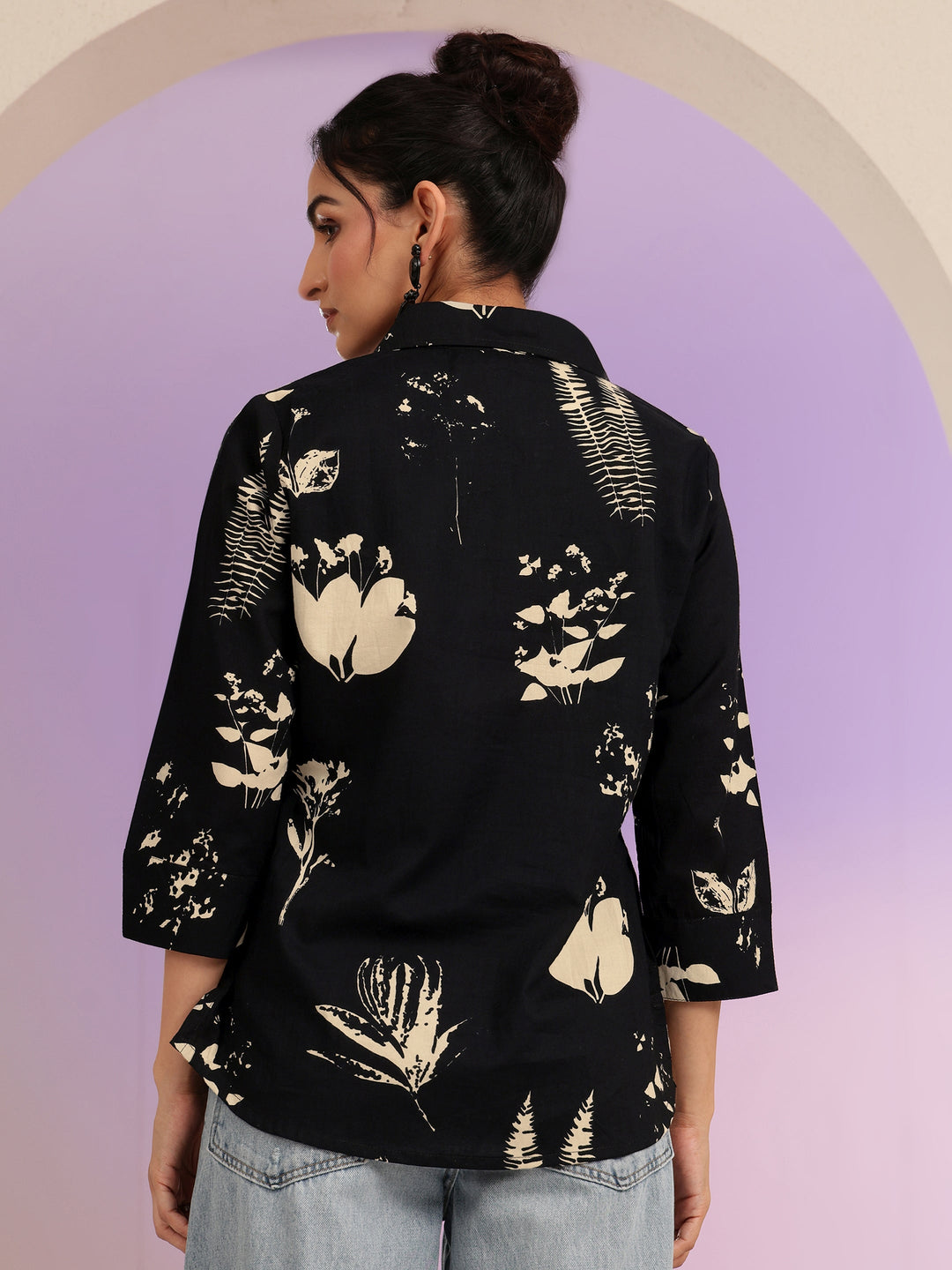 Libas Black Floral Print Cotton Shirt