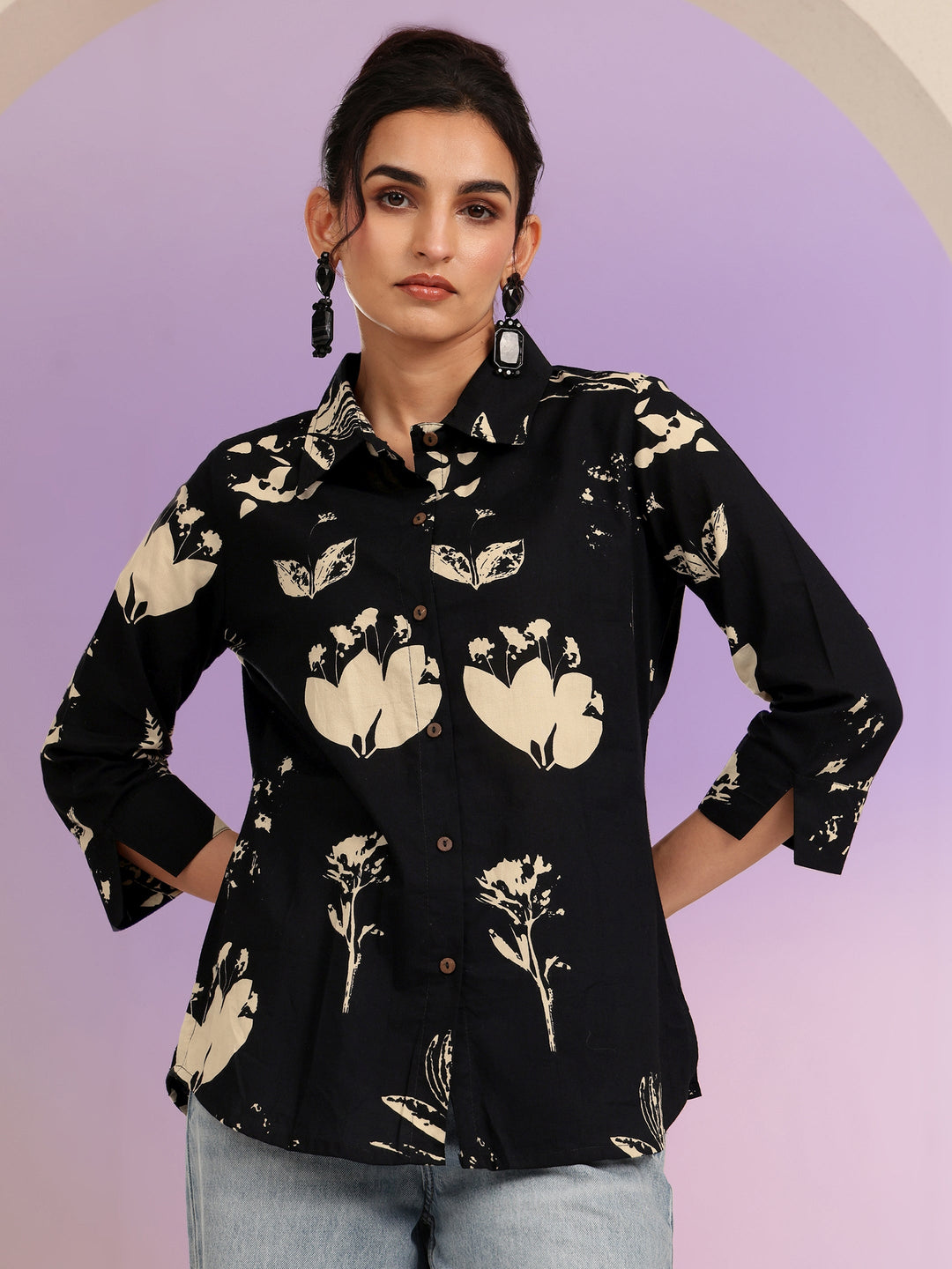 Libas Black Floral Print Cotton Shirt