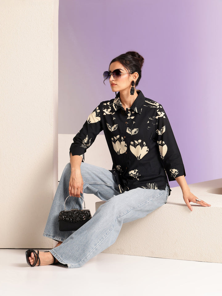 Libas Black Floral Print Cotton Shirt