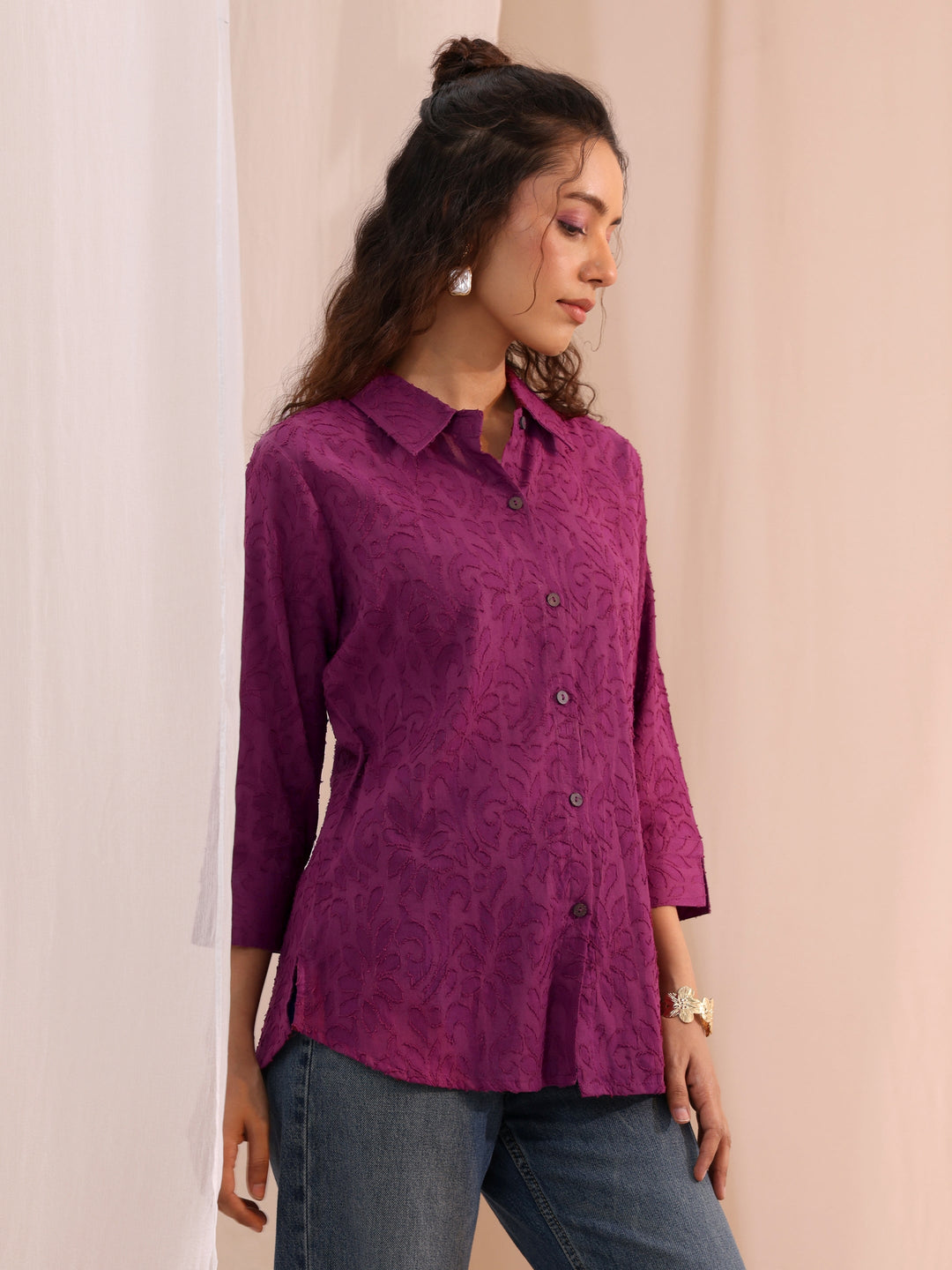 Libas Purple Textured Cotton Shirt
