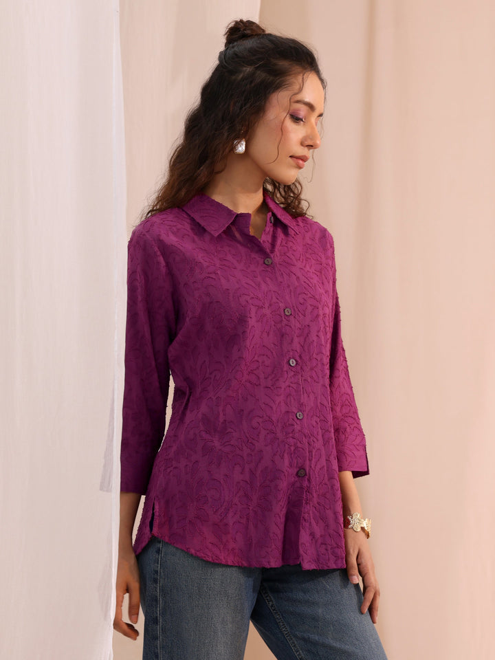 Libas Purple Textured Cotton Shirt