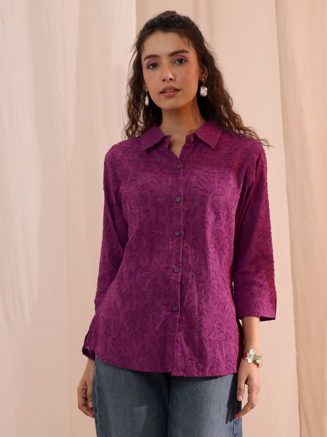 Libas Purple Textured Cotton Shirt