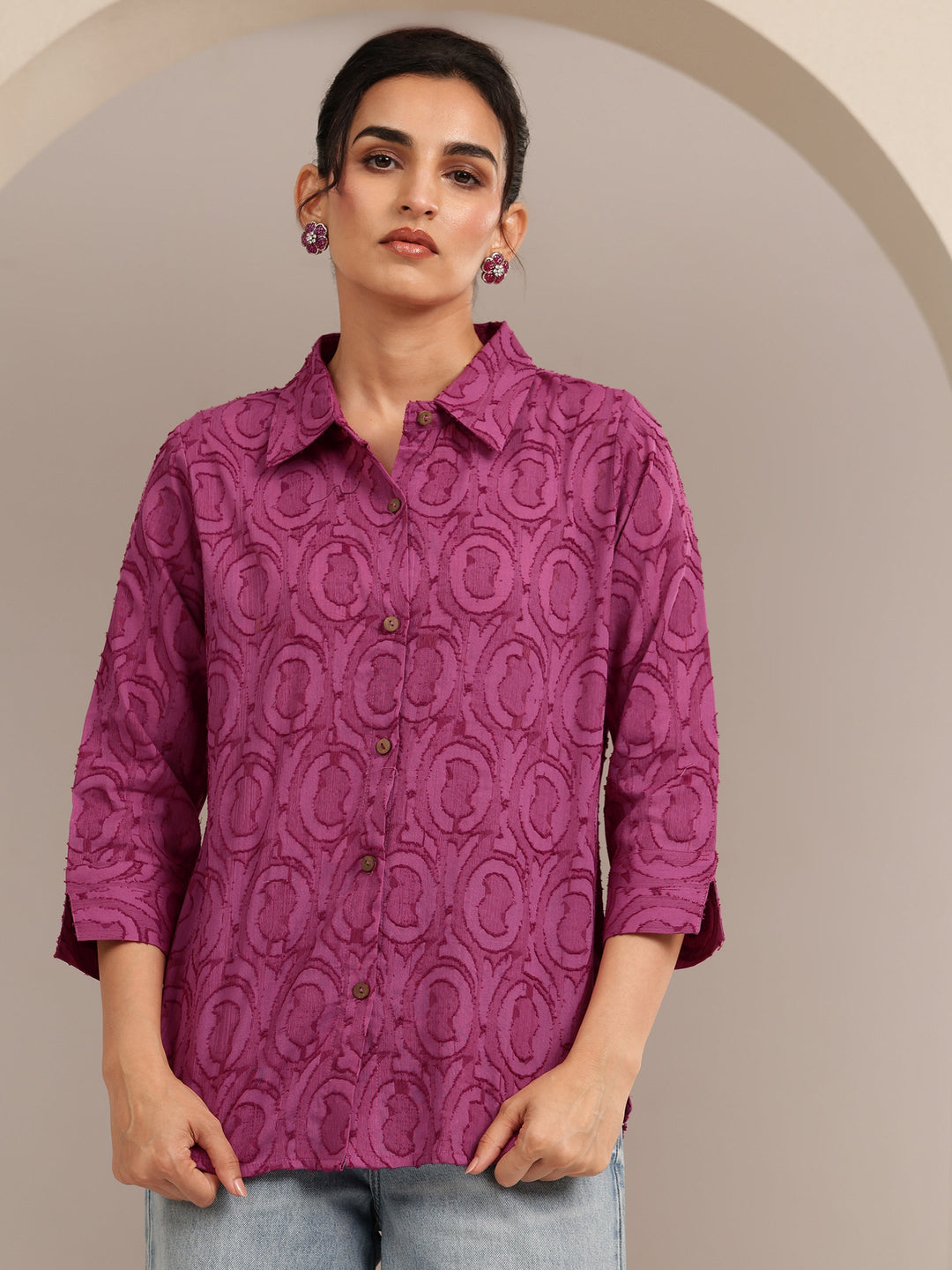 Libas Dark Pink Textured Cotton Shirt