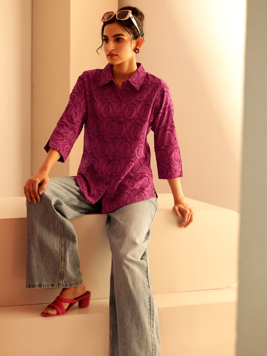 Libas Dark Pink Textured Cotton Shirt
