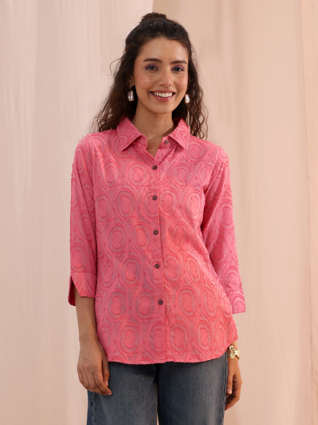 Libas Peach Textured Cotton Shirt