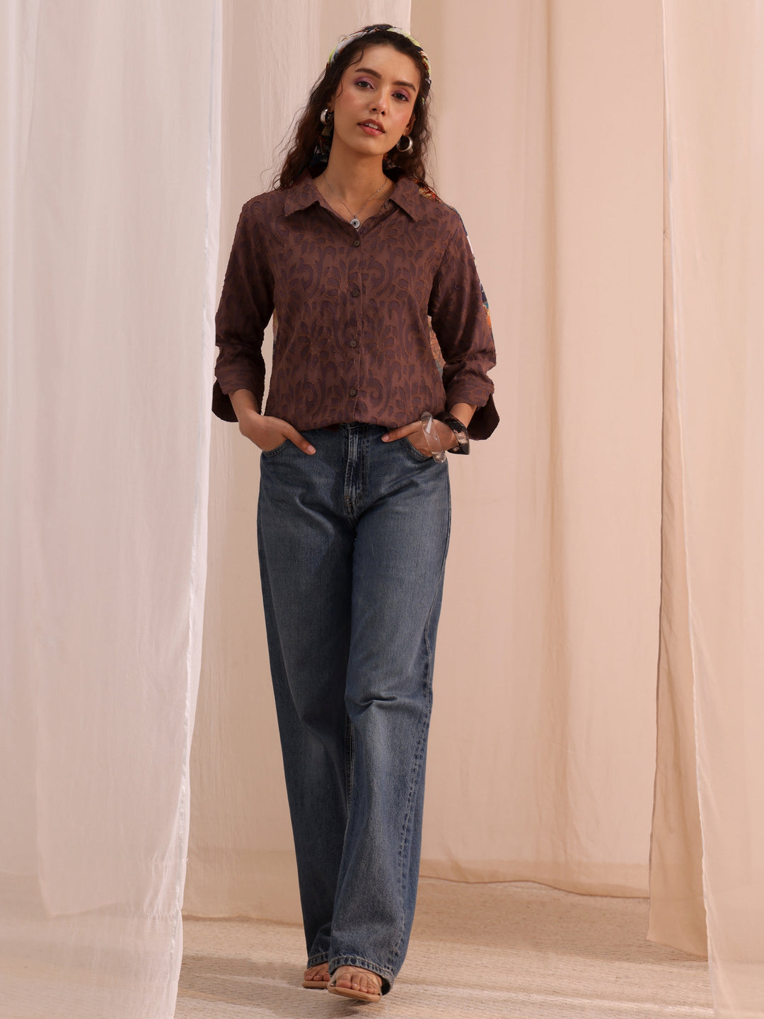 Libas Brown Textured Cotton Shirt