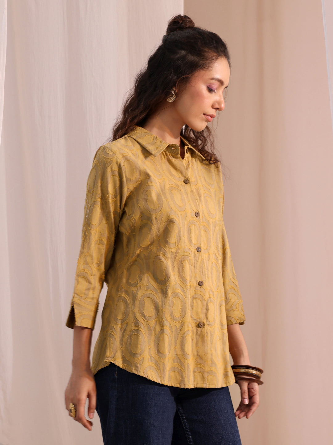 Libas Beige Textured Cotton Shirt