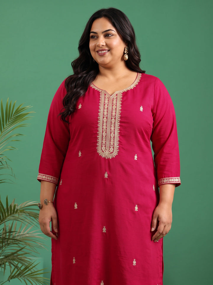 Plus Size Rose Red Yoke Embroidered Silk Blend Straight Kurta