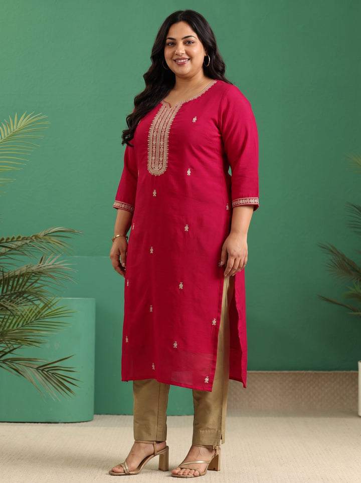 Plus Size Rose Red Yoke Embroidered Silk Blend Straight Kurta