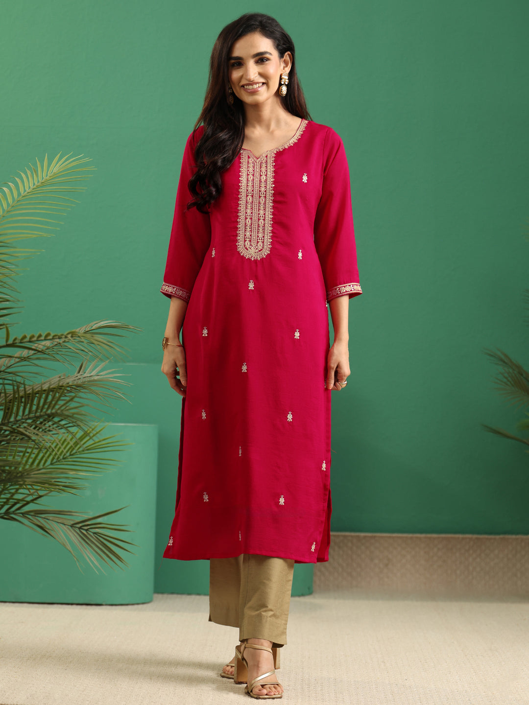 Libas Rose Red Yoke Embroidered Silk Blend Straight Kurta