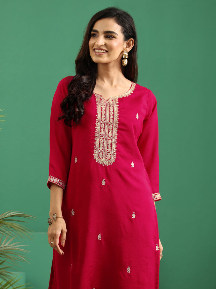 Libas Rose Red Yoke Embroidered Silk Blend Straight Kurta