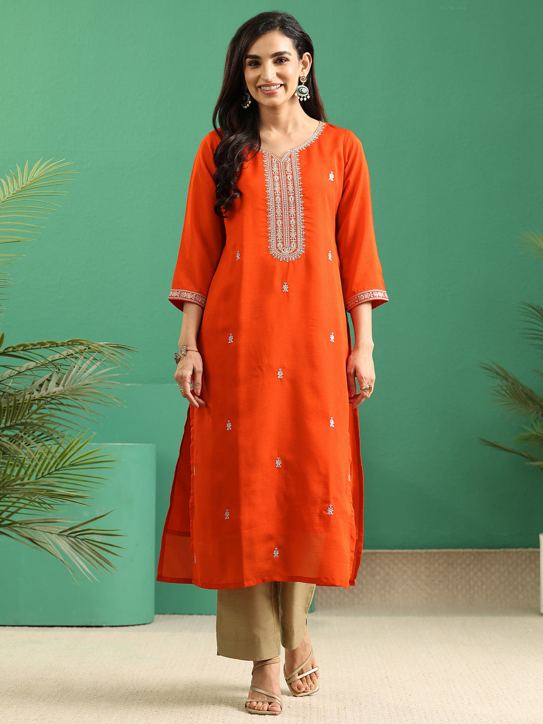Libas Orange Yoke Embroidered Silk Blend Straight Kurta