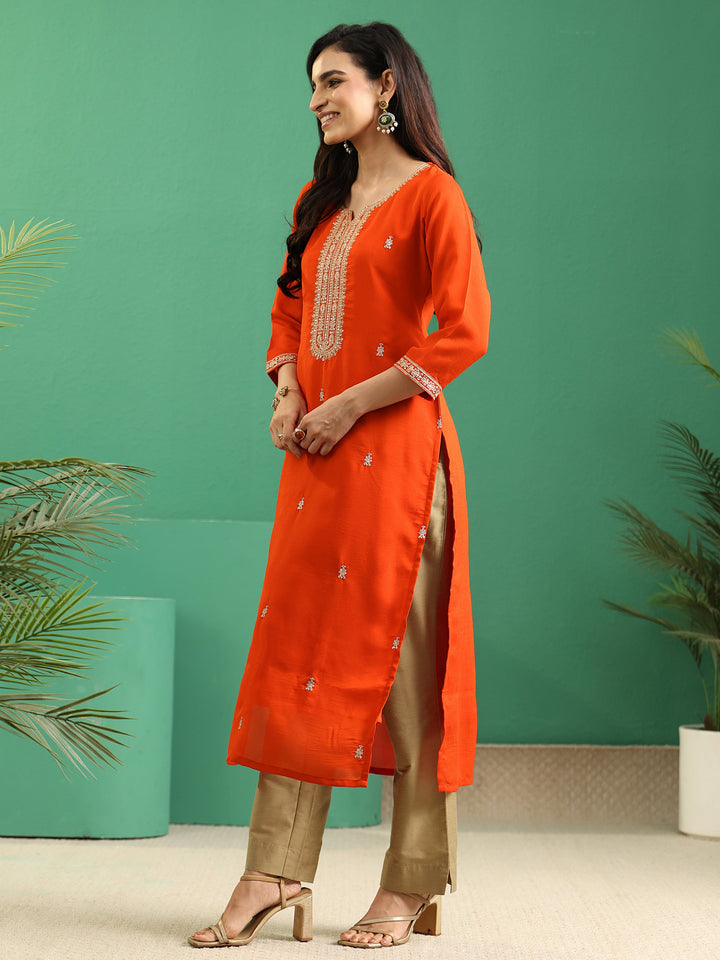 Libas Orange Yoke Embroidered Silk Blend Straight Kurta